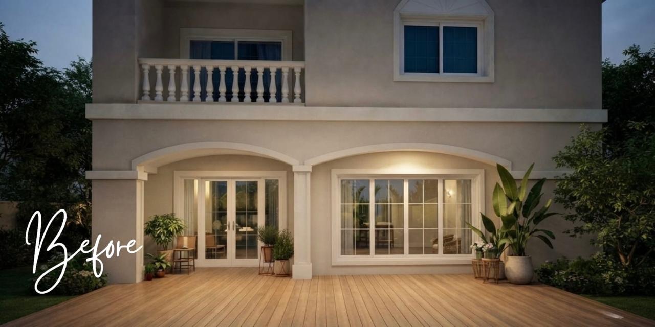 Sunroom before renovation with dated blue tile